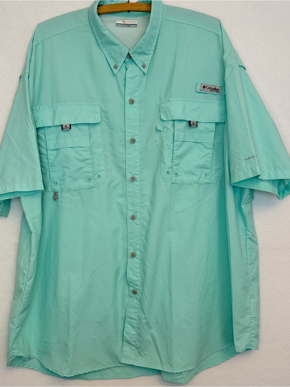 Columbia PFG Bahama II Fishing Shirt Aqua Short Sleeve Omni-Shade Men’s 2XL
